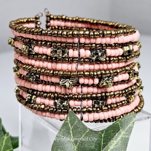 Golden Flowers & Coral Seeds Beaded Bracelet Spiral Coil Wire Retro Wrap Cuff - Picture 7 of 12